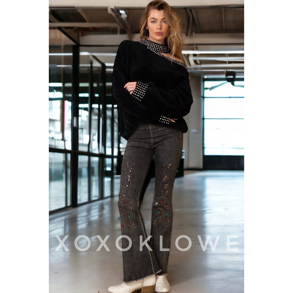 LAST ONE POL Black Faux Mohair & Rhinestone Cutout Halter Neck Sweater - Picture 8 of 10